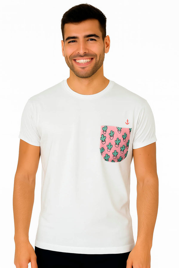White men's t-shirt with cactus pocket