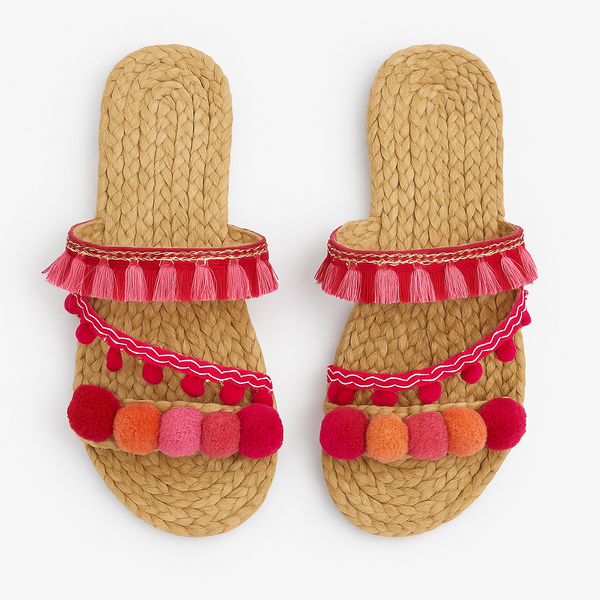 sandali di paglia rossi con pon pon