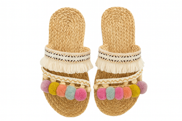 sandali di paglia multicolor con pon pon