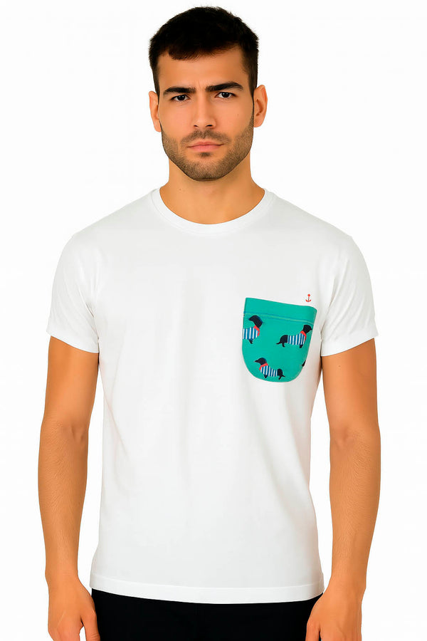 White men's t-shirt with dachshund pocket