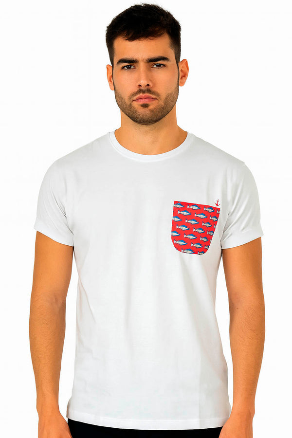White men's t-shirt with seahorse pocket