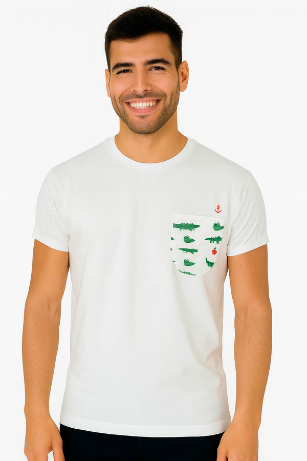 White men's t-shirt with crocodile pocket