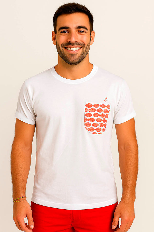 White men's t-shirt with goldfish pocket