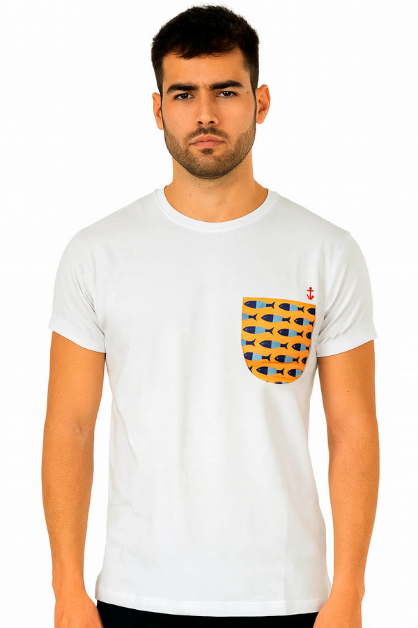 White men's t-shirt with blue and light blue pocket
