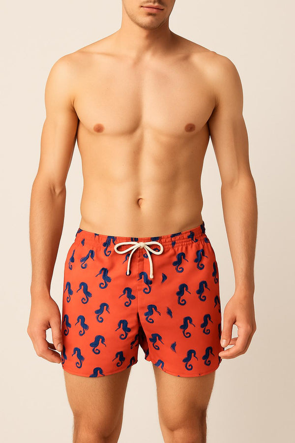 Red men's costume with seahorses