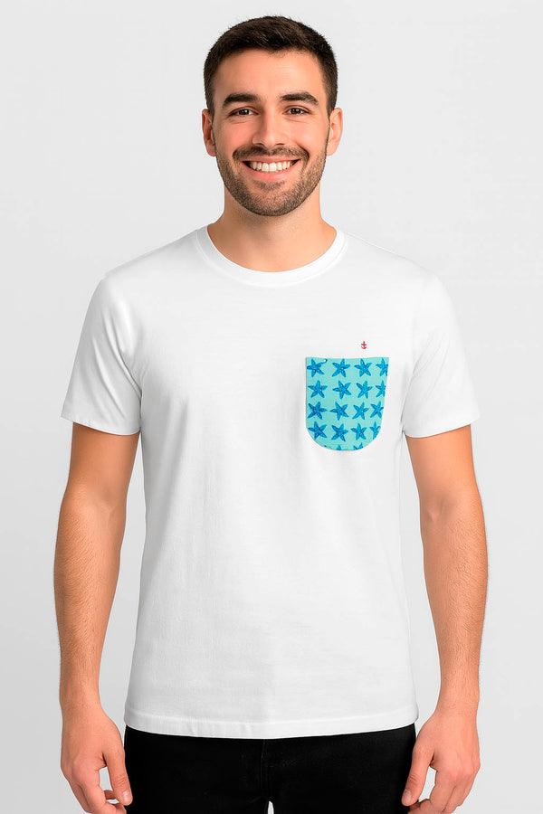 White men's t-shirt with starfish pocket