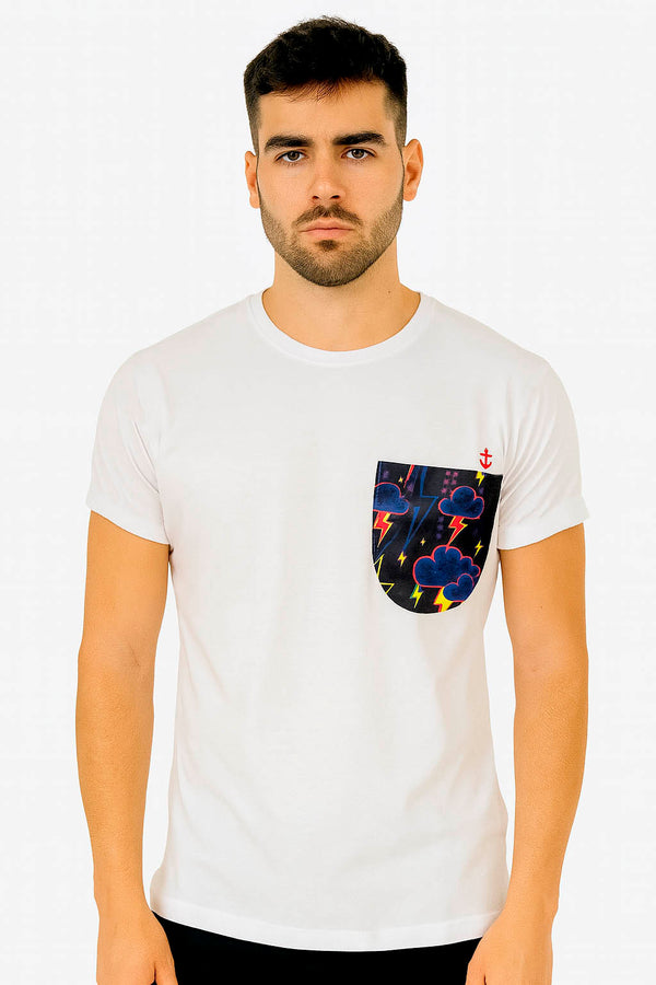 White men's t-shirt with lightning pocket